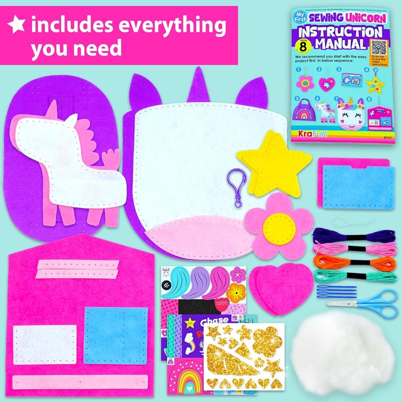 KRAFUN My First Unicorn Kids Sewing kit, Beginner Arts & Crafts, Make 8 Cute Projects with Plush Stuffed Animal, Pillow, Mobile, Keyring and Bag, Instructions & Felt for Learn Sewing, Embroidery - Image 2